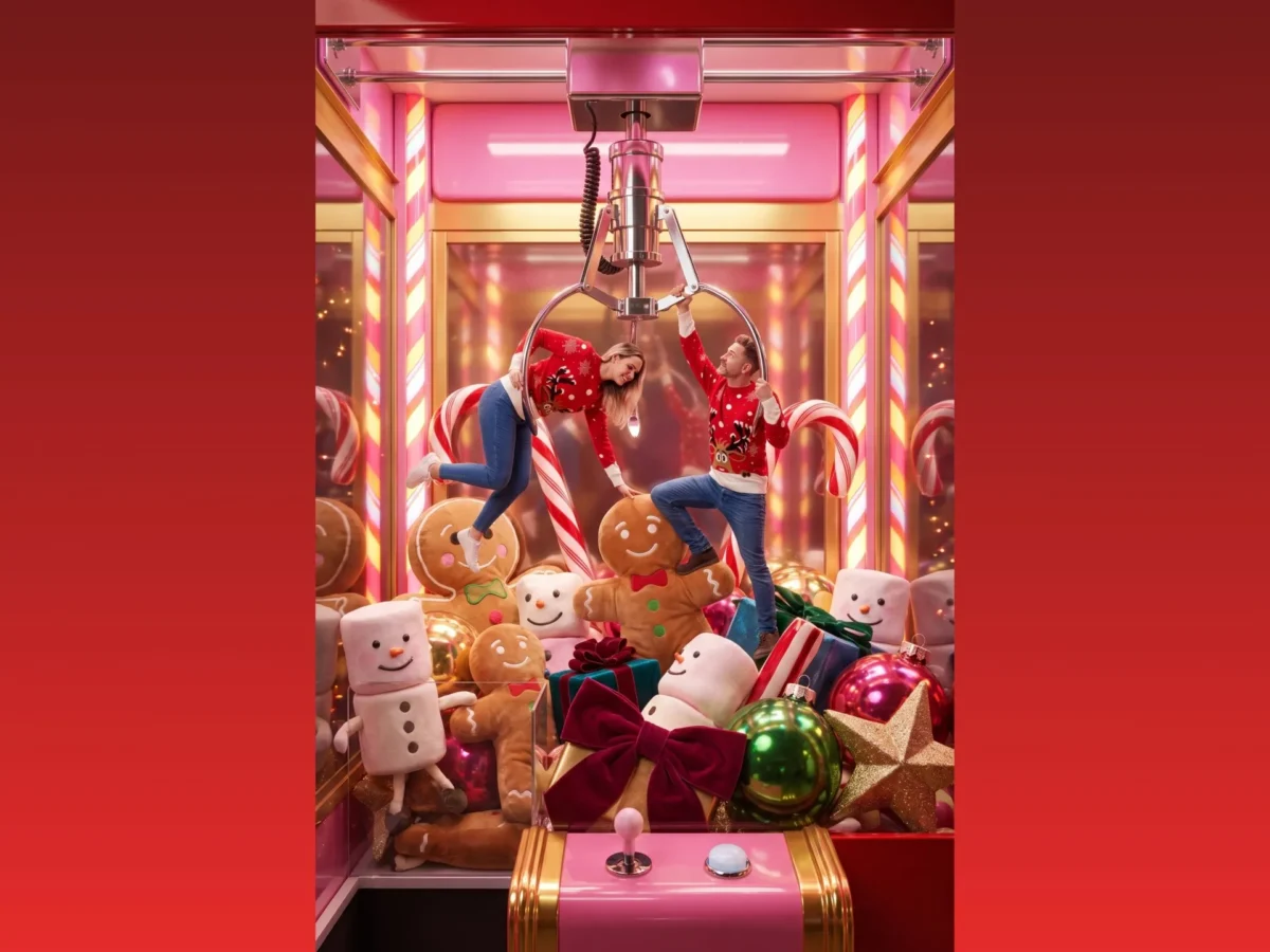 ai photobooth fun. colleges zijn verrast met een foto uit de photobooth helemaal in kerststijl. Ze hangen in een onrealistische grijpautomaat.
