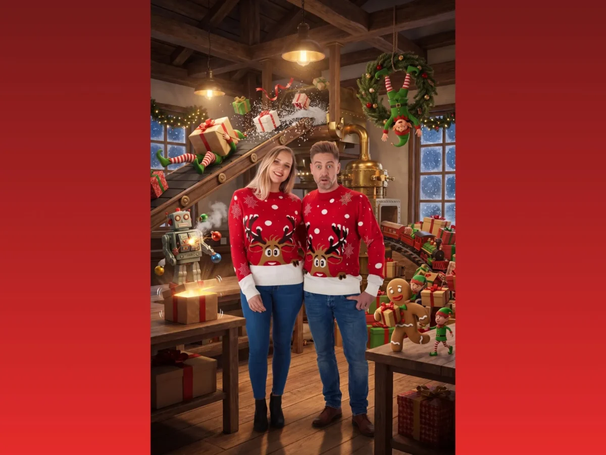 collega's die met de photobooth een kerstportret hebben gemaakt. Ze staan in de santa office