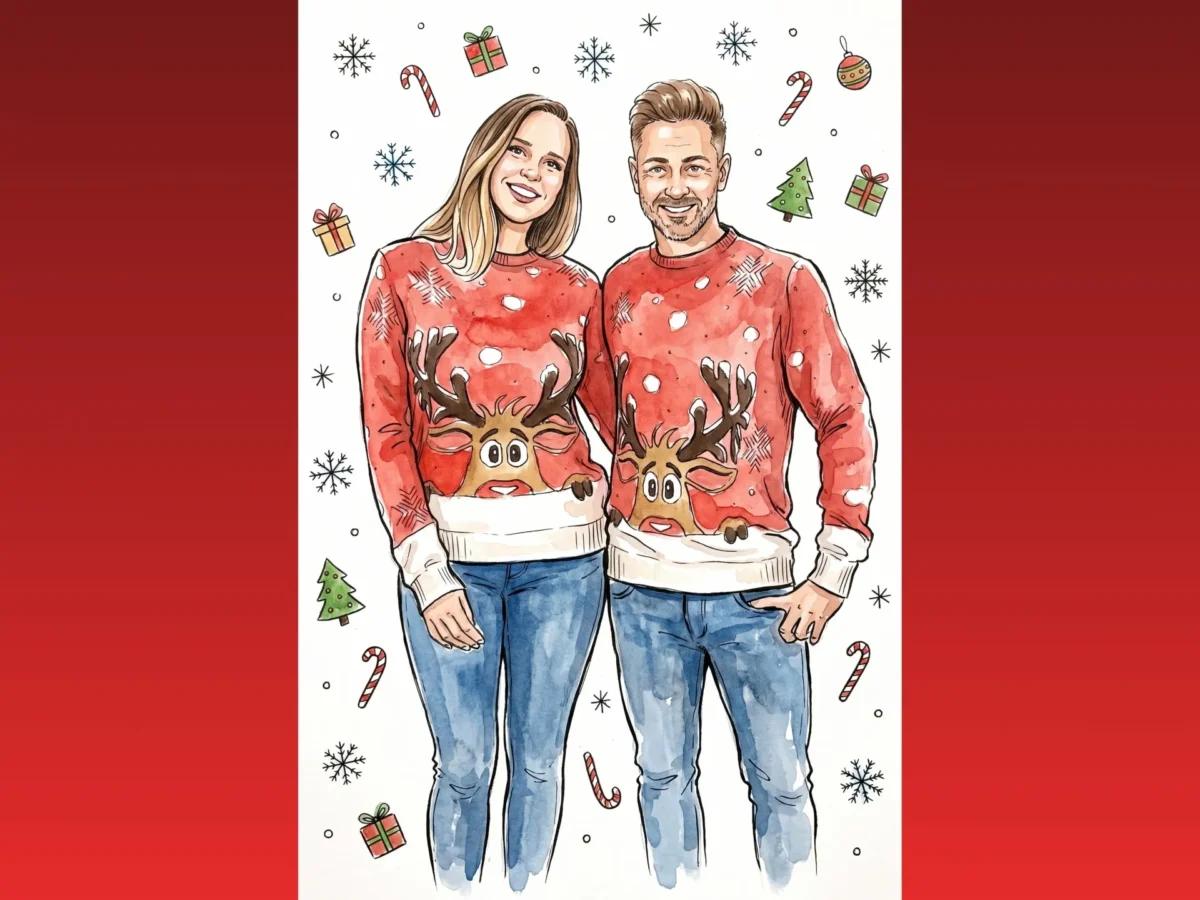 collega's op de kerstborrel die als getekende illustratie zijn gemaakt met behulp van een photobooth