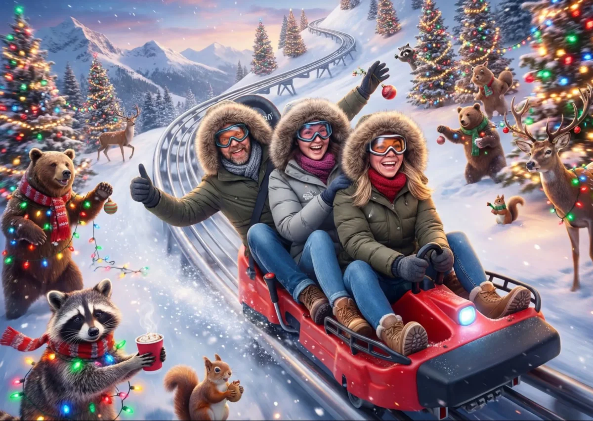 ai foto in winterwonderland, gemaakt met de photobooth. Waar collega's in een kerst setting zijn beland in een bobslee door een winterwonderland.