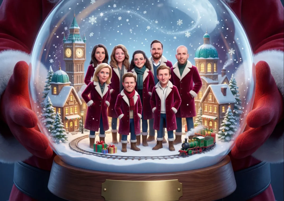 collegas in een ai portret met de kerstborrel. collegas in een snowglobe in een winterwereld met sneeuw. De snowglobe wordt vastgehouden door een kerstman.